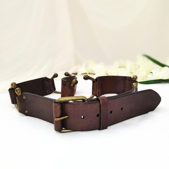Handmade Belt Brown Genuine Leather Brass Tongue Buckle Antiqued Horseshoe Links - Picture 2 of 13